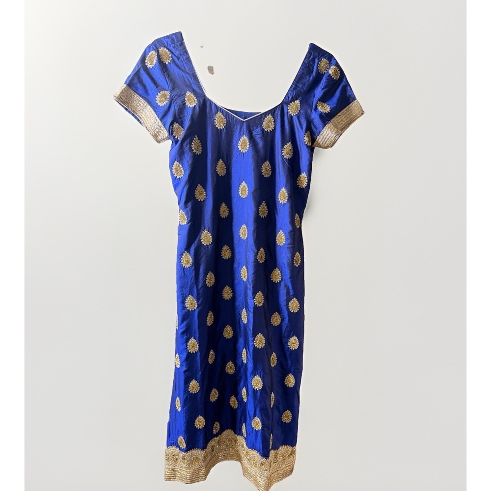 Royal Blue Gold Embroidered Silk Salwar Kurti dress tunic Wedding Diwali XS